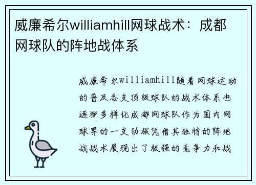 威廉希尔williamhill网球战术：成都网球队的阵地战体系