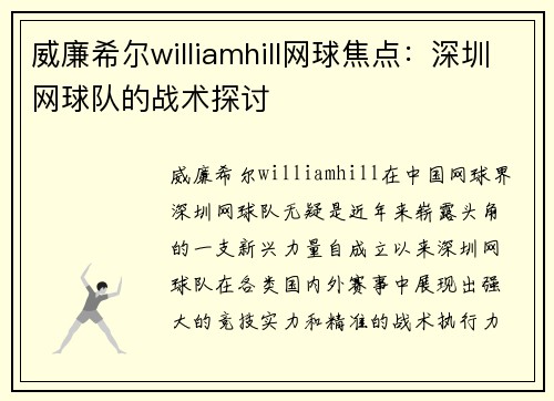 威廉希尔williamhill网球焦点：深圳网球队的战术探讨