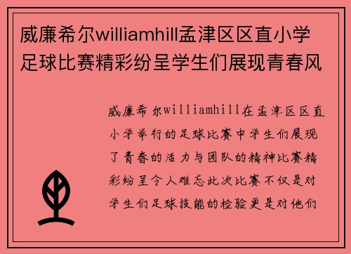 威廉希尔williamhill孟津区区直小学足球比赛精彩纷呈学生们展现青春风采与团队精神